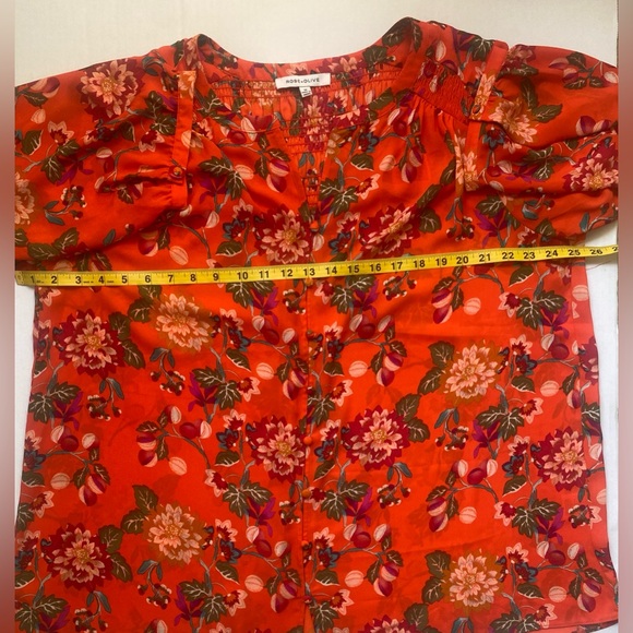 Rose & Olive Floral Blouse Size 1X 3/4 Sleeves Button Down V-Neck Shirred Back - Picture 14 of 16